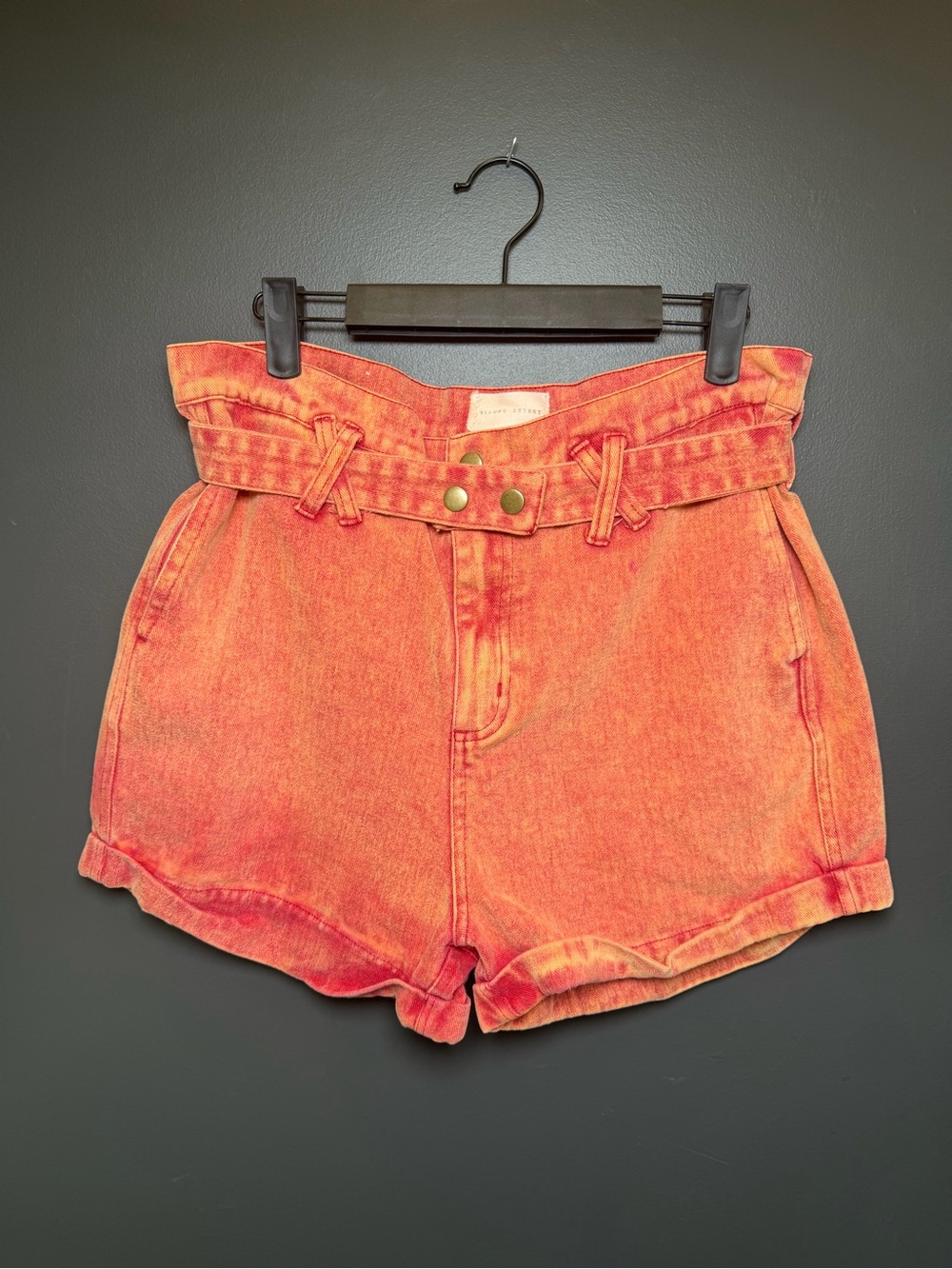 Gilded Intent High-Waist Denim Paperbag Shorts Snap Belt Washed Orange Boho